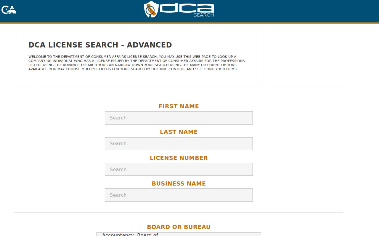 Modesto people search with California DCA professional license fields