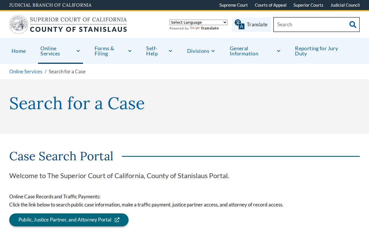 Modesto people search from the Stanislaus Superior Court case search page