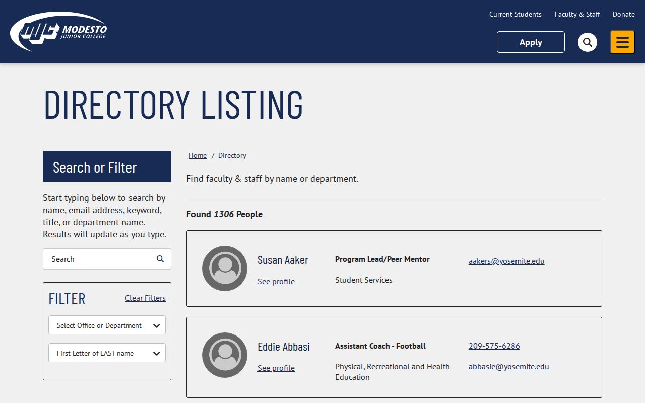 Modesto directory for Junior College employees