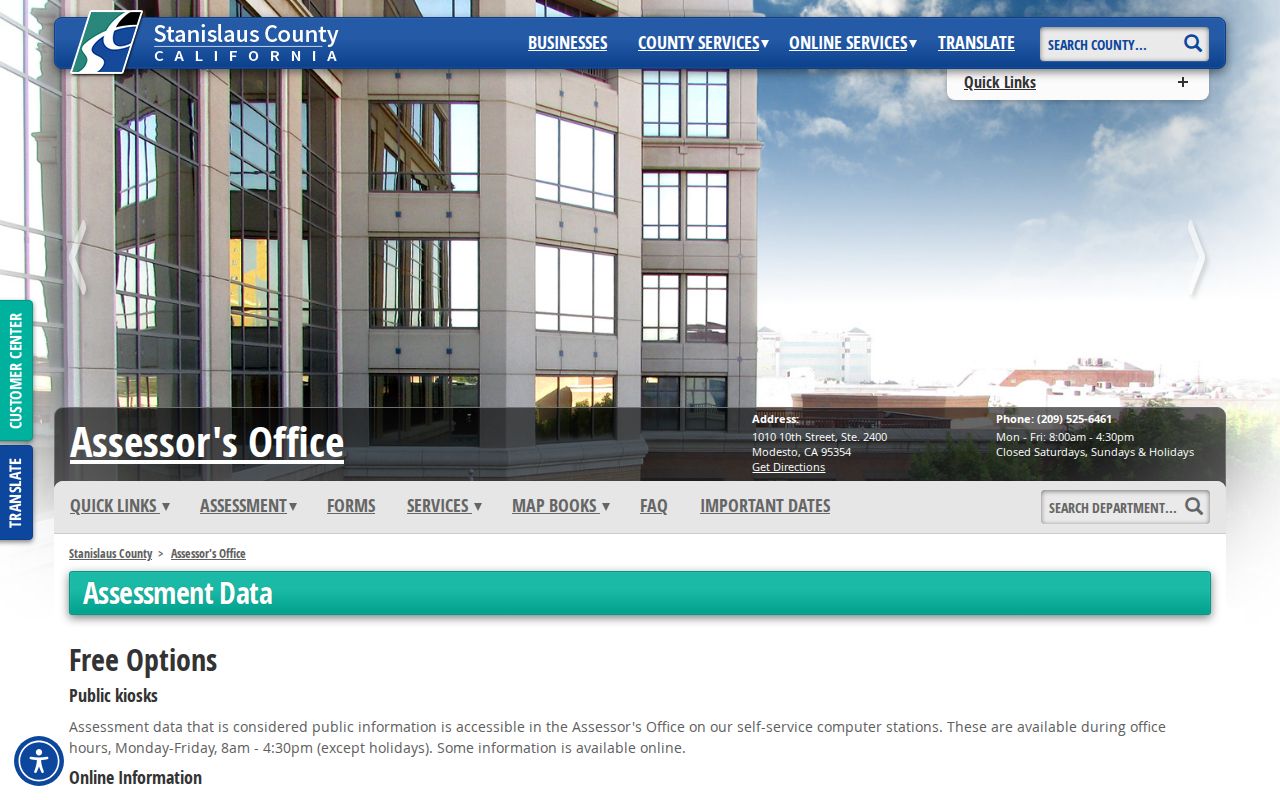 Modesto records access page for Stanislaus Assessor channels