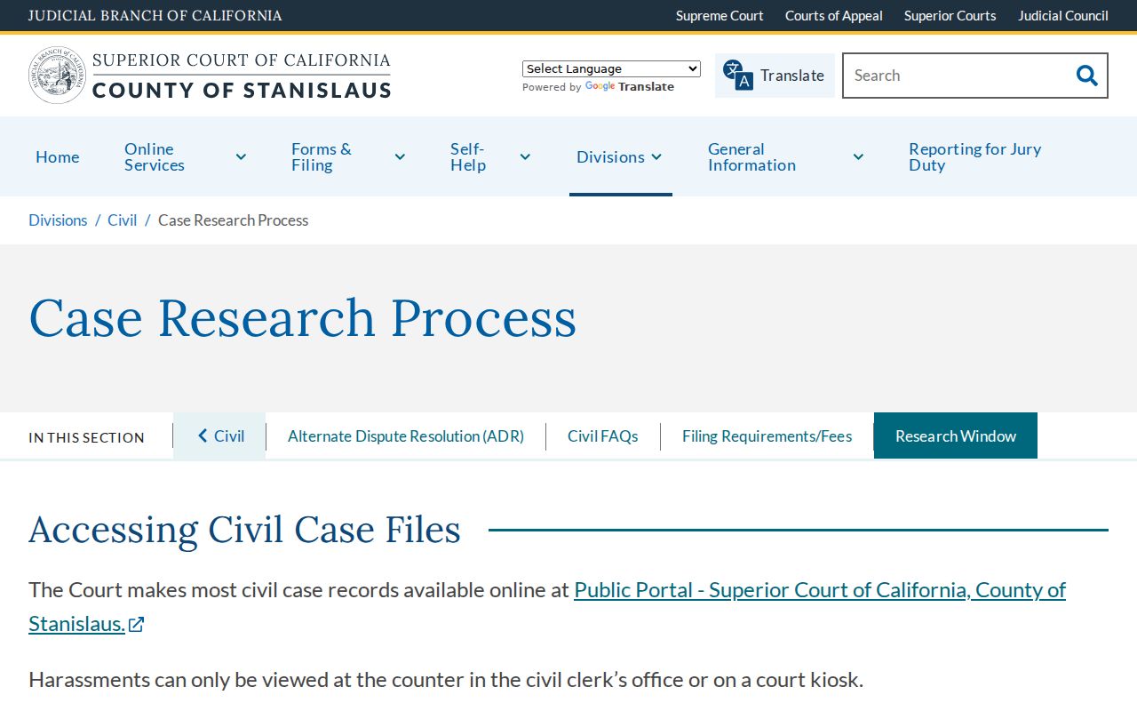 Modesto public records process for Stanislaus civil court files
